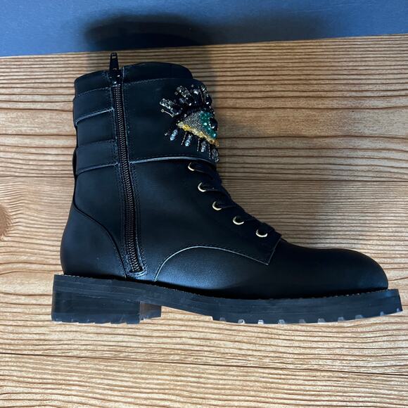 Kurt Geiger Black Leather Jeweled Sutton Eye Combat Boot Womens 35 EU - Picture 8 of 13